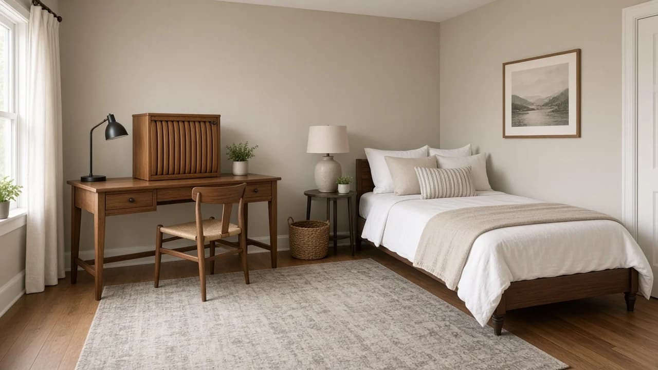 Office corner of a guest bedroom with a rolling desk on locking casters, a closed two-drawer file cabinet, and cables gathered into a fabric sleeve