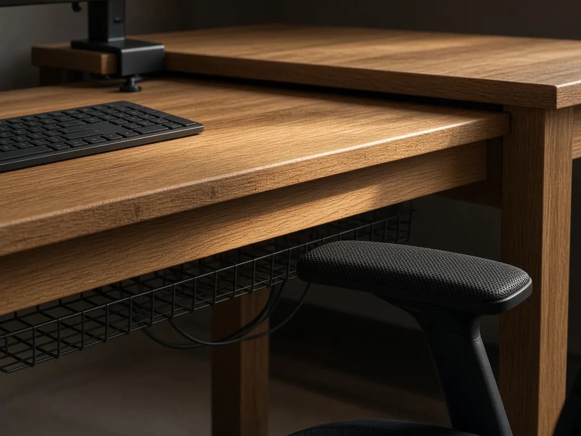 Chair armrest sliding under an oak desk apron, with a keyboard on the surface and a cable basket below
