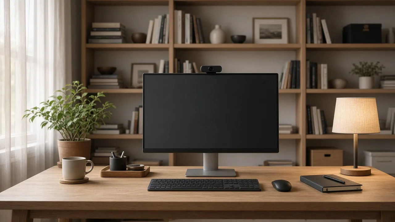 External monitor with a webcam on top, a bookcase behind it, a window with sheers to the side, and a task lamp that is not aimed at the screen