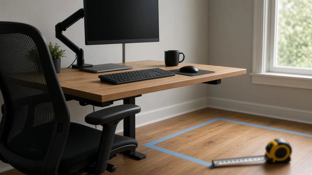 Mesh office chair at a wood desk with blue painter’s tape marking open floor beside the desk and a tape measure out of focus