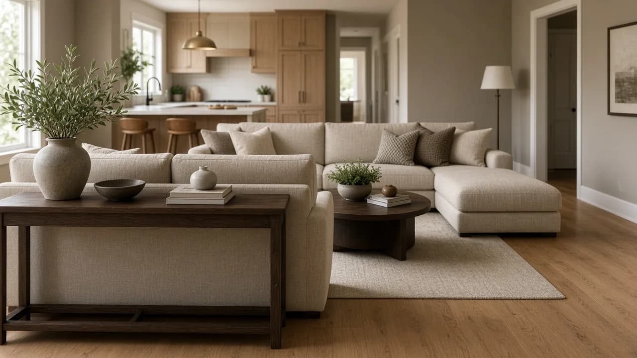 Open-plan living room with a sofa back defining the seating zone and a clear walkway toward the kitchen, chaise kept off the door path