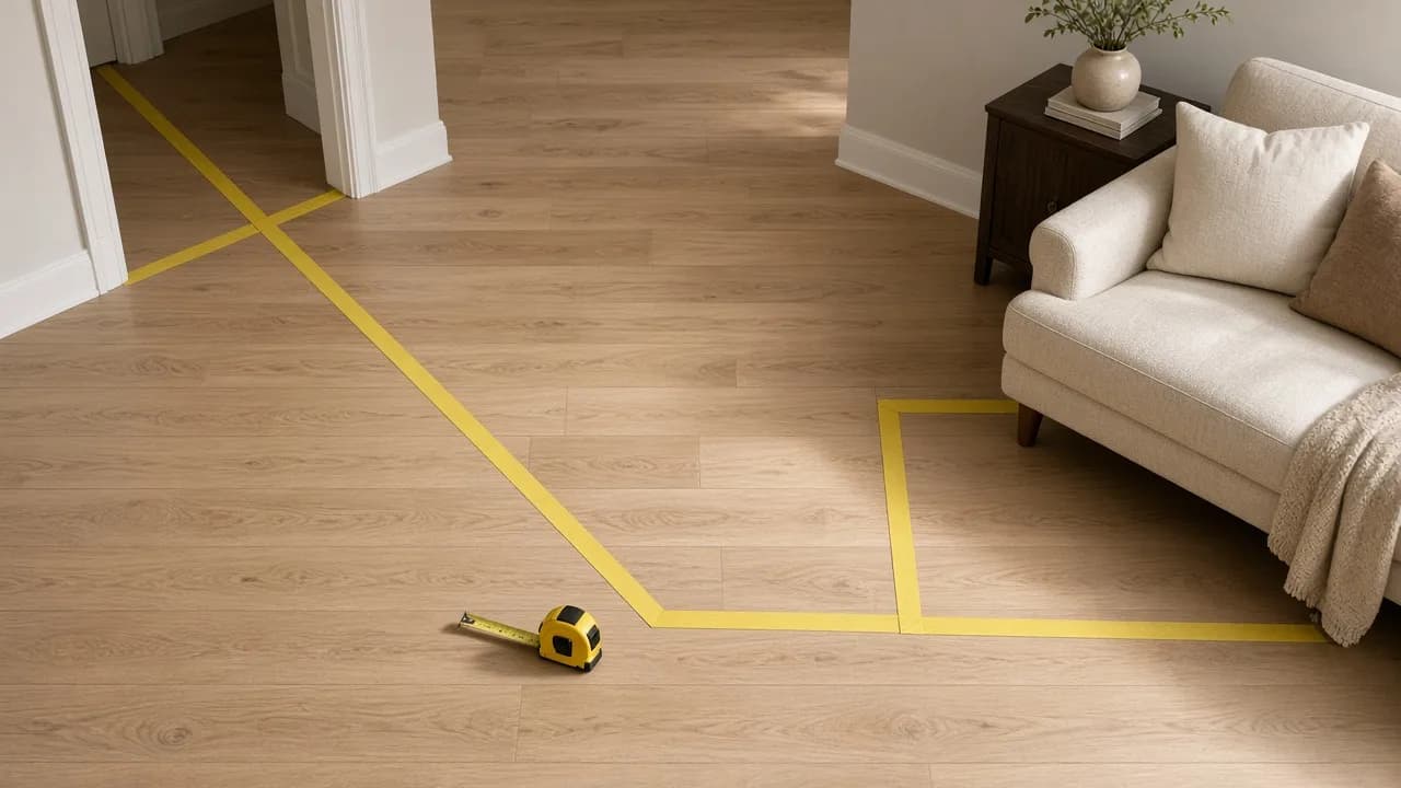Painter’s tape marking a walkway and sofa footprint on an oak living room floor with a tape measure