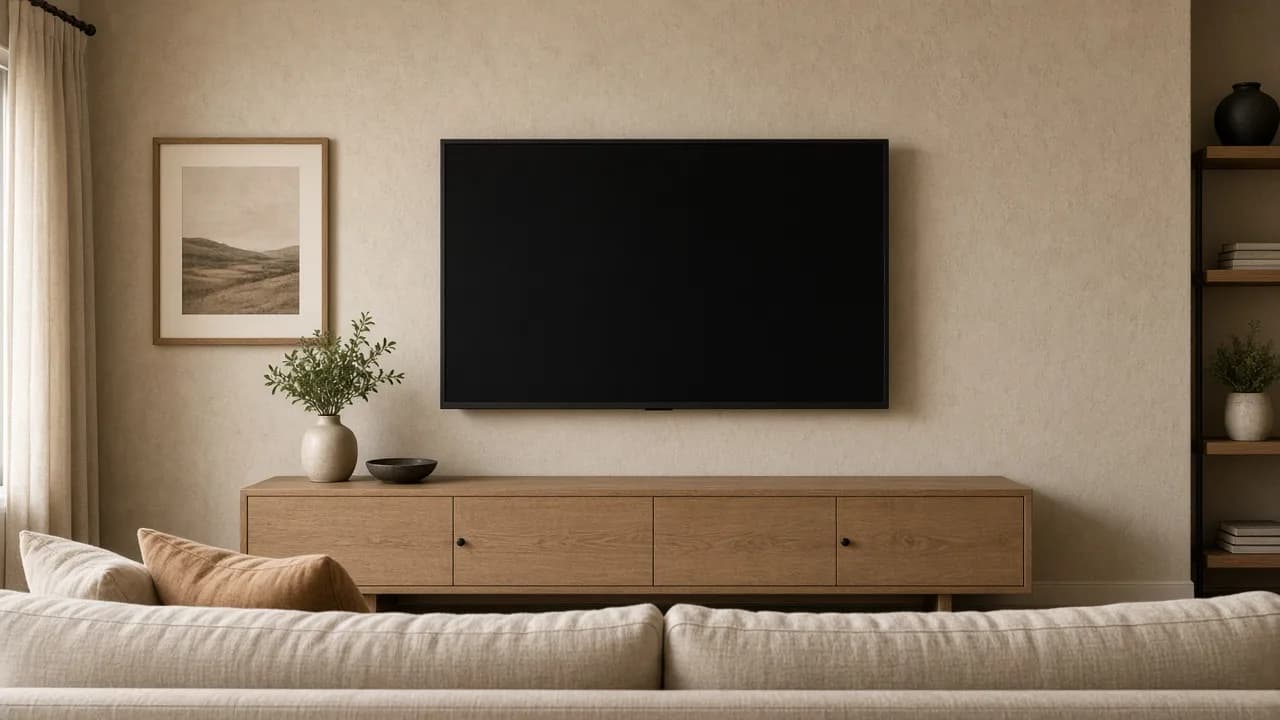 Living room TV mounted at seated eye height above a low oak media console, viewed from an oatmeal sofa