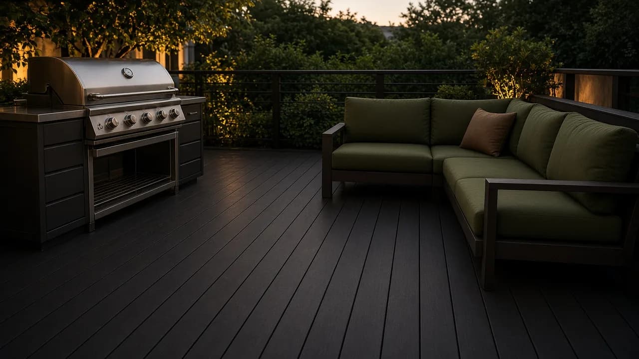 Dark deck with a stainless grill set apart from an olive outdoor sectional and a clear walking lane of boards between them