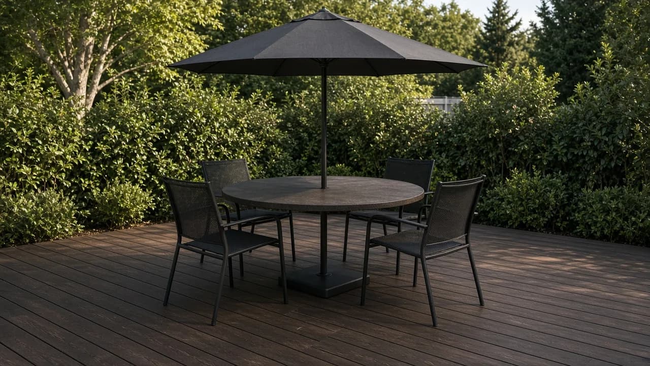 One market umbrella pole through a round outdoor table, with a weighted base on dark deck boards under the table and chairs sitting in the shade