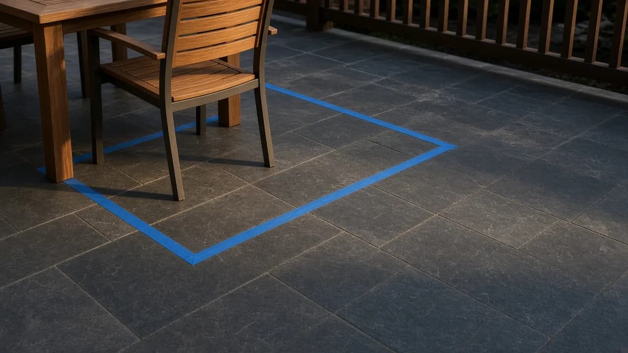 Outdoor dining chair pulled from a wood table, with blue painter's tape marking the stand-up zone on dark stone before the railing