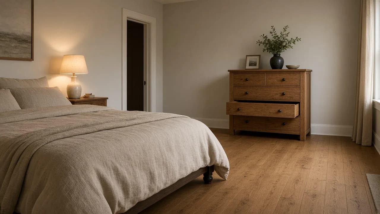 Oak dresser with a drawer open across from the foot of a linen bed, with open floor between them and a doorway kept clear