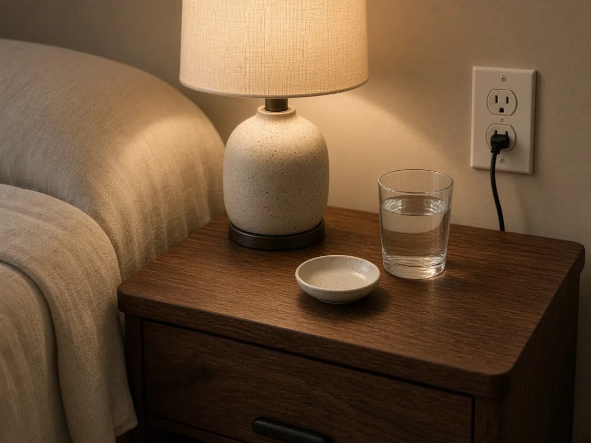 Walnut nightstand with a lit ceramic lamp, a glass of water, and a duplex outlet on the wall beside the table, next to oatmeal bedding