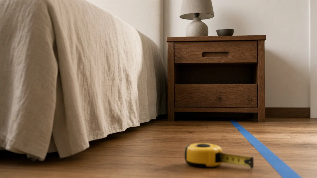 Walnut nightstand a few inches from a linen-dressed bed, with blue painter’s tape marking the walking path on the oak floor beyond the table