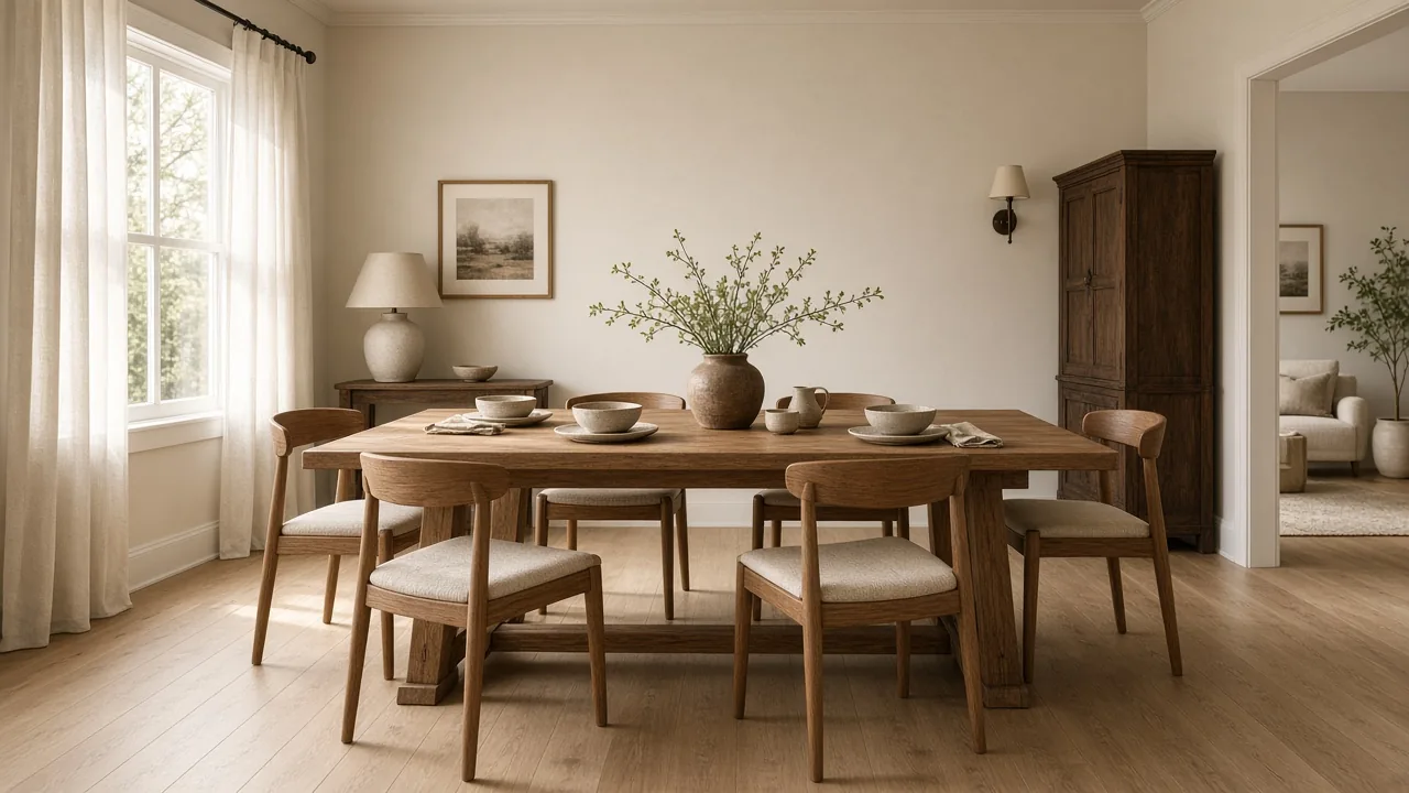 Sunlit American dining room with a rectangular oak dining table and six chairs showing comfortable clearance