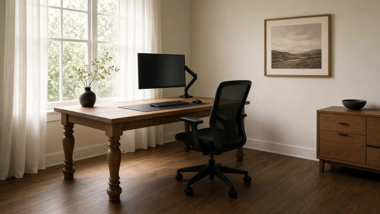 Oak desk beside a window with a monitor on an arm and a mesh chair rolled back