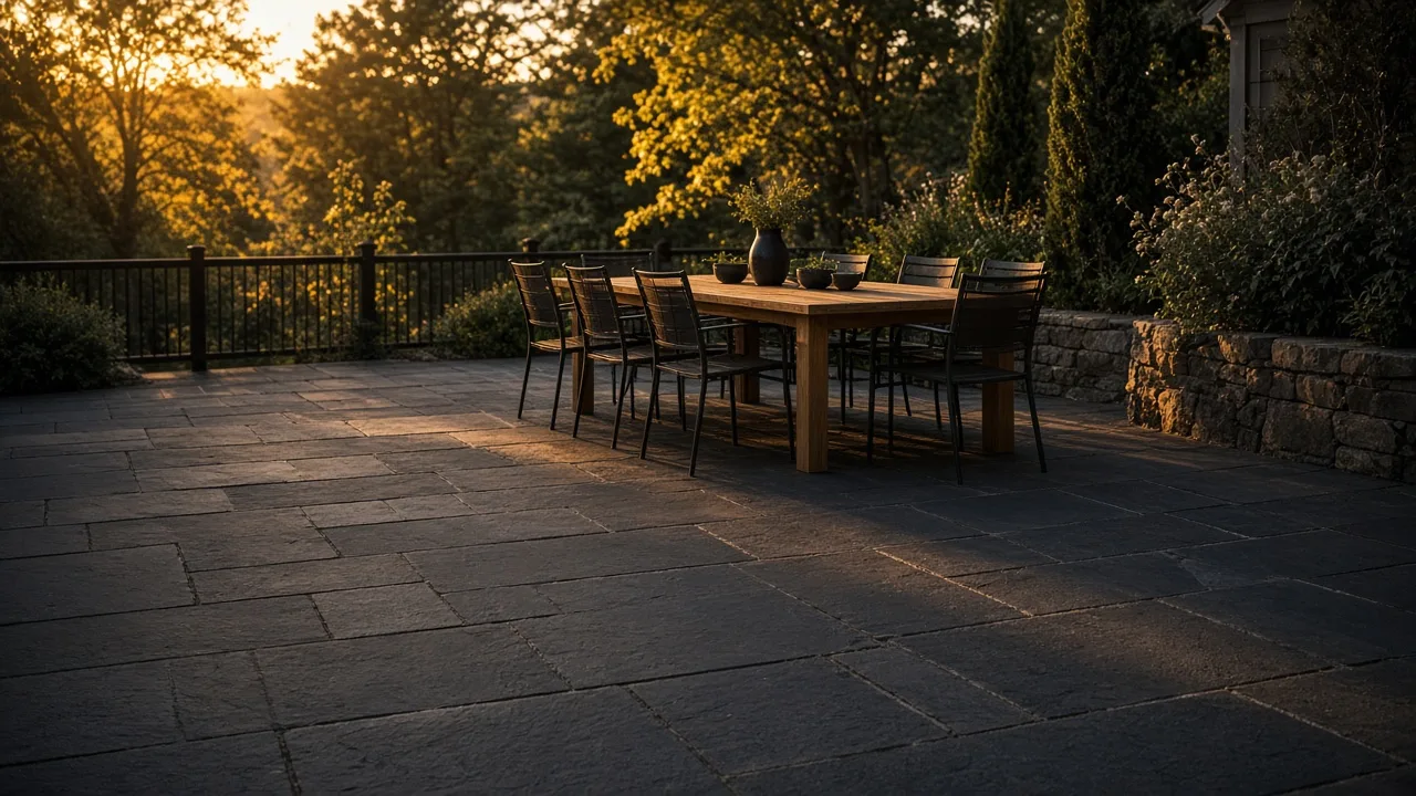 Stone patio with an oak dining table and chairs pulled back on dark bluestone