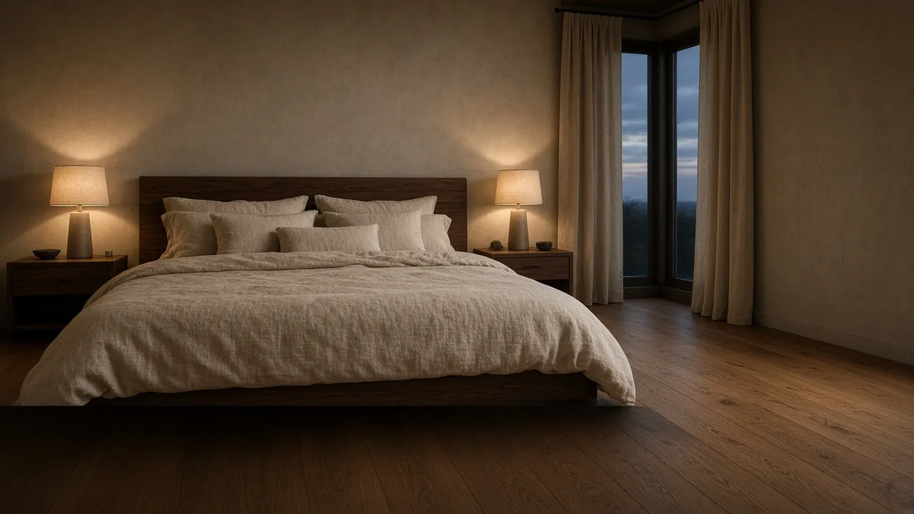 Primary bedroom with a walnut bed, nightstands level with the mattress, and a clear path beside the bed